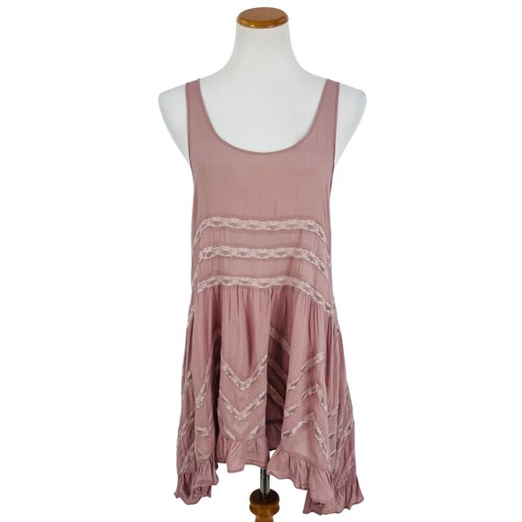 Free People Pink Voile & Lace Tiny Dot Mini Slip Dress | Boho Coquette Fairy S - Picture 2 of 16